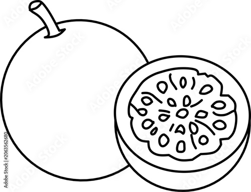 Simple passion fruit line art vector illustration featuring whole and cut passion fruit. Perfect for coloring books, educational materials, tropical fruit themes, and printable projects.