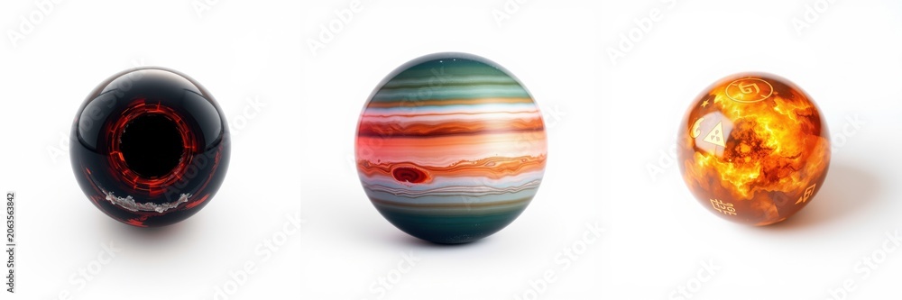 Fototapeta premium Three spherical objects resembling planets. Dark, green, orange hues dominate visuals. Minimalist white background provides contrast.