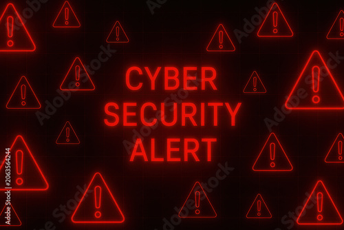 Cyber security alert glowing red warning signs with digital exclamation triangles on dark background for online threat protection