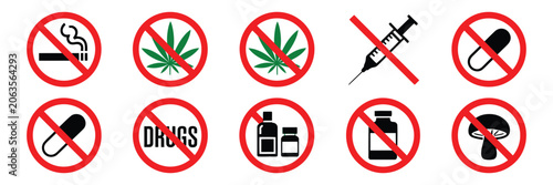 Tableau sur toile Drug Prohibition Pictogram Set Vector Featuring No Smoking, No Alcohol, and No P