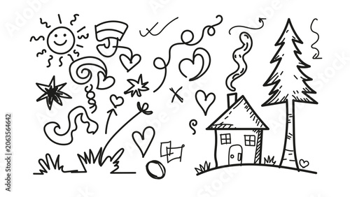 Hand drawn house with tree and doodles