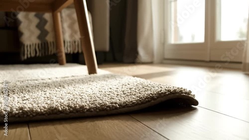 A close up view of a plush white rug edge curled on a wooden floor in a living room.