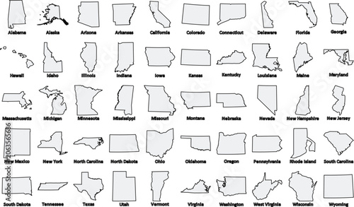 Outline map icons of all US states simple vector shapes for geography and travel