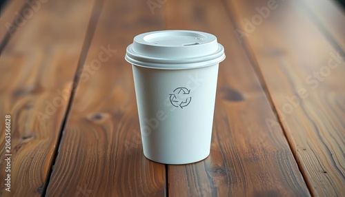 Recycled paper coffee cup with lid, sitting on a wooden surface,  background,  macro
