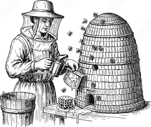 Canvas Print Beekeeper in protective gear tending a traditional skep hive with dripping honey