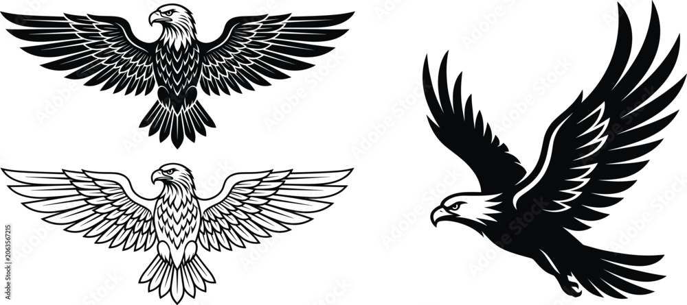 Fototapeta premium Eagle vector mascot illustrations set featuring flying and majestic spread wing positions isolated on white background