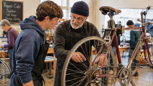 Experienced mechanic teaching young student how to fix vintage bicycle at community weekend repair cafe