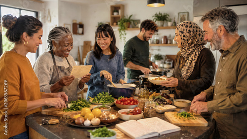 Diverse residents cooking large meal together in shared apartment kitchen exchanging family recipes