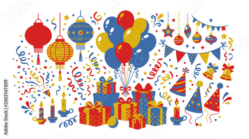 Colorful party celebration elements with balloons gifts and lanterns