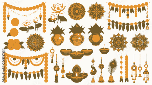 Traditional indian festival decoration icons in golden tones