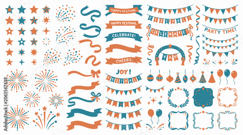 Festive banners ribbons and fireworks celebration design set