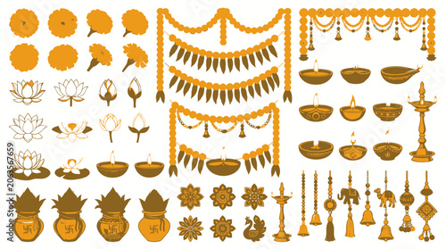 Cultural indian festival symbols with diyas and marigold flowers