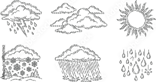 Fotografie Weather forecast icon set, hand-drawn outline vector illustration, climate and m