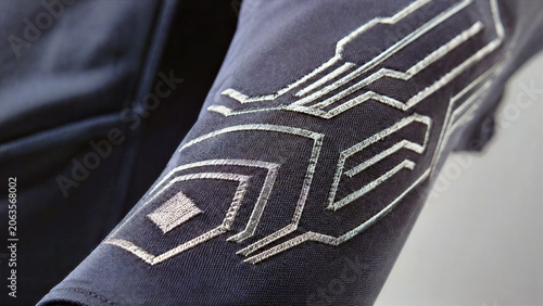Macro view of elegant geometric pattern embroidered onto sleeve using shiny silver based conductive ink