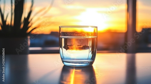 A serene setting featuring water and a sunset vista.