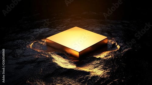 A shimmering golden square platform shines brightly against a dark textured backdrop.