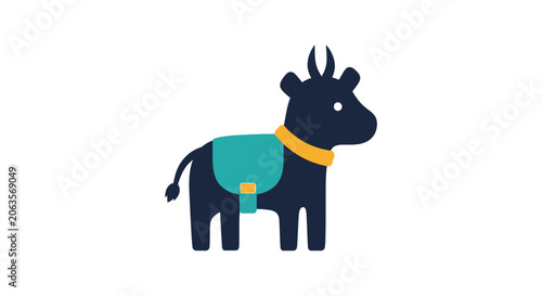 Cuadro en lienzo Stylized dark cow with yellow collar and teal saddle
