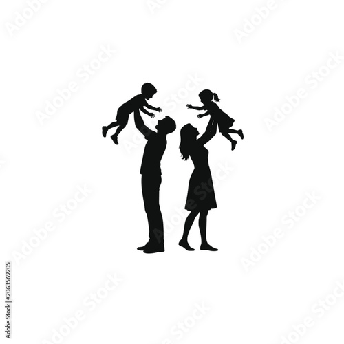 Parents lifting child in joyful family celebration silhouette.