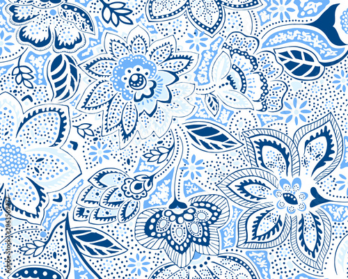 Intricate blue and white floral paisley seamless pattern on light background