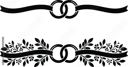 Foto Elegant wedding rings and ribbon vector set, intertwined black rings with decora