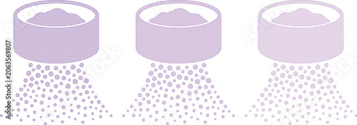 Foto Three purple isometric sieves sifting granular material, abstract vector illustr