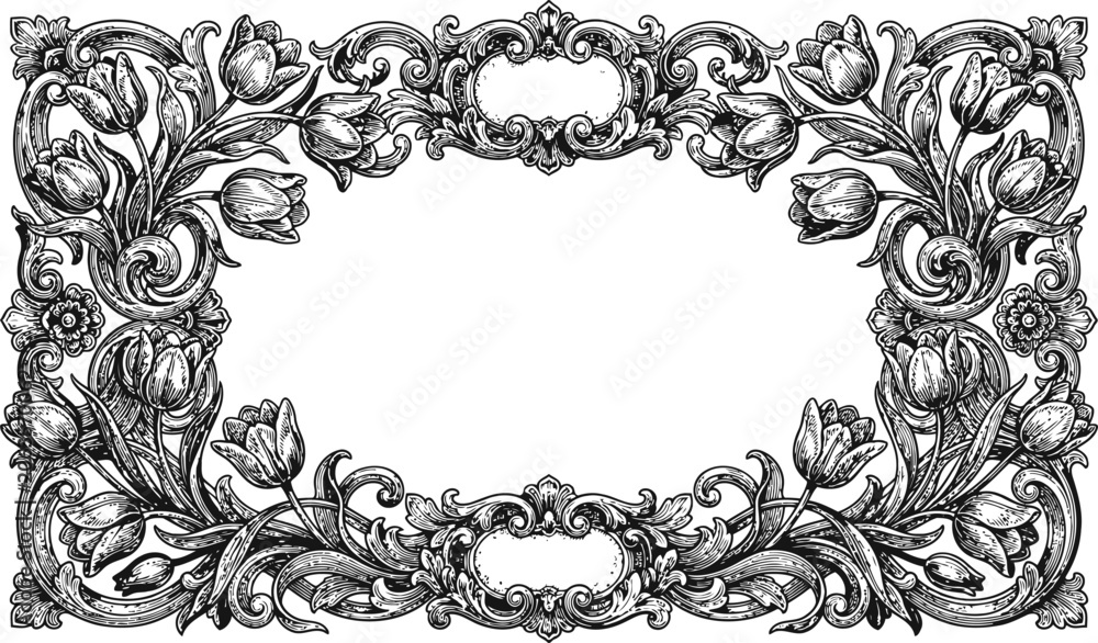 Obraz premium Intricate baroque floral border design with tulips and ornate scrollwork in monochrome etching style for decorative framing