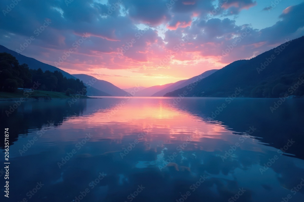 Fototapeta premium Soft blue glow radiates from a serene lake at dusk, water, peaceful, serene