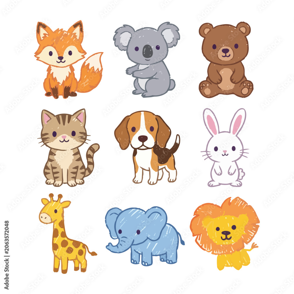 Obraz premium Cute Animals Collection: A delightful assortment of nine hand-drawn, cartoon-style animals, including a fox, koala, bear, cat, beagle, rabbit, giraffe, elephant, and lion.