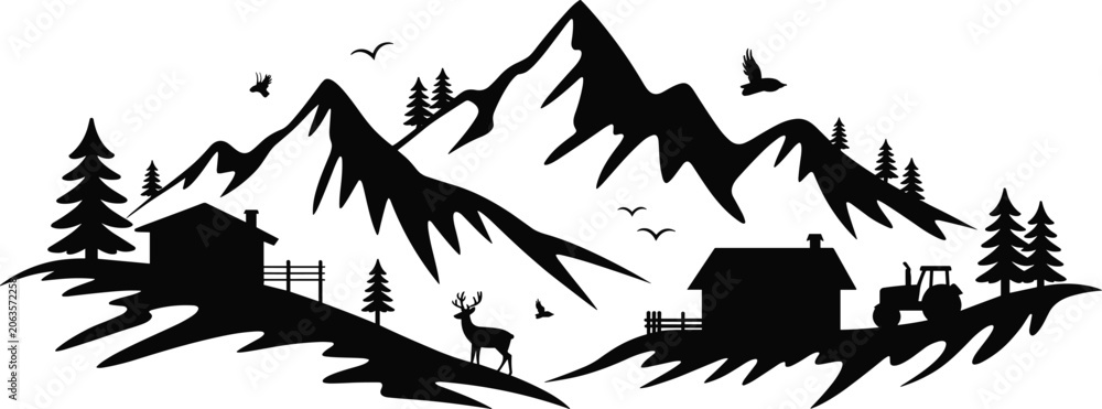 Obraz premium Mountain landscape silhouette with deer wild animals log cabin village pine trees tractor vector illustration isolated on white background