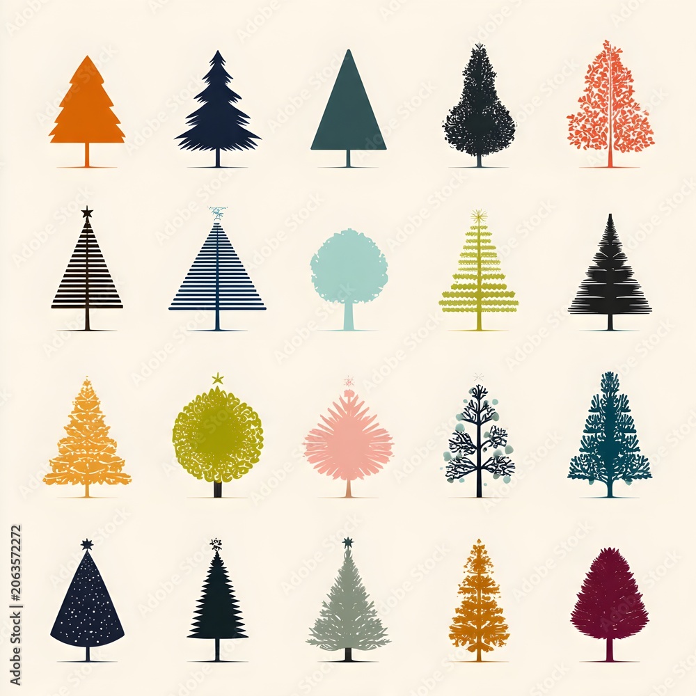Obraz premium Collection of decorative tree icons in various colors and styles for design and infographic use.