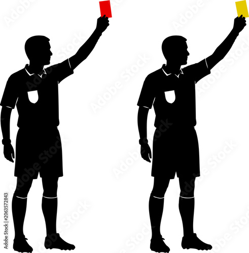 Football soccer referee silhouette showing red and yellow card for foul penalty
