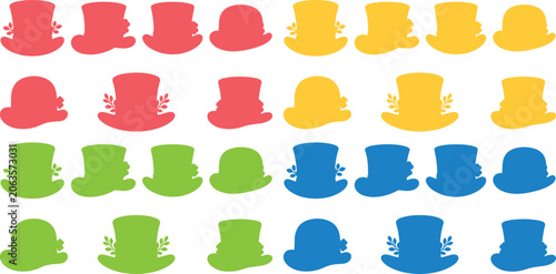Foto Colorful hat vector collection, 24 whimsical top hats and bowler hats in red, yellow, green, and blue