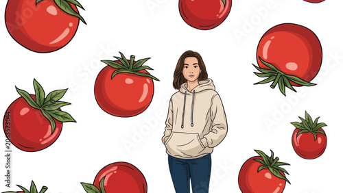 Stylish Young Woman with Tomato Pattern Background
