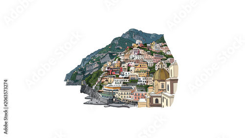 Colorful Illustration of Positano Village in Italy