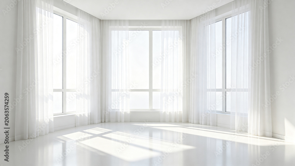 Fototapeta premium Empty White Room with Tall Windows and Soft Sheer Curtains