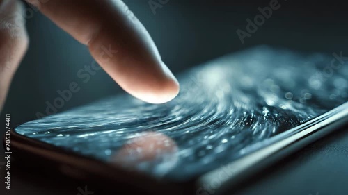 Finger creating ripples on a glowing digital surface