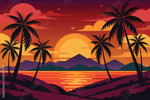 beautiful sunset landscape vector design with palm trees, flying birds and hills 