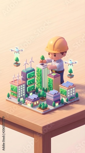 eco friendly urban living with green rooftops sustainable transportation systems Isometric Eco-Friendly City Planning with Drones and Renewable Energy in a Miniature Model Displayed on a Wooden Table