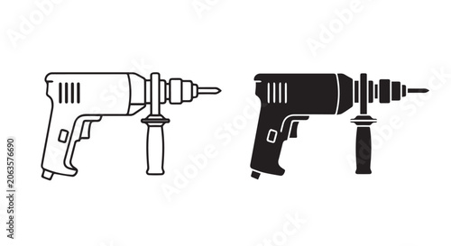 Power Drill Machine Icon Set Outline and Solid Flat Vector Design Symbol