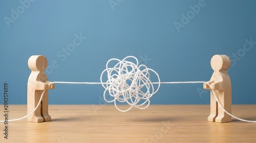 Two wooden figures pulling a tangled string concept of resolving conflict untangling a problem and teamwork communication