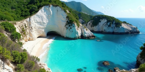 Turquoise waters lap against white limestone cliffs, surrounded by lush greenery and rugged rock formations, italy beach, alberobello architecture, adriatic sea