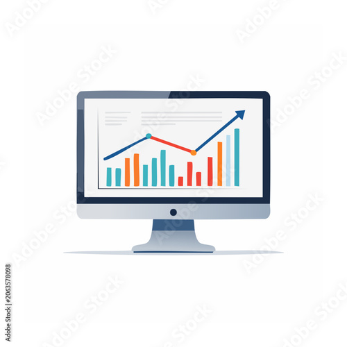 Flat design bar chart with line graph on laptop screen