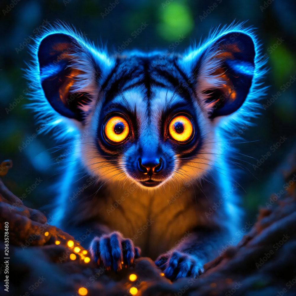 Fototapeta premium Lemur with Intense Glowing Orange Eyes on Branch in Bioluminescent Blue Forest at Night 