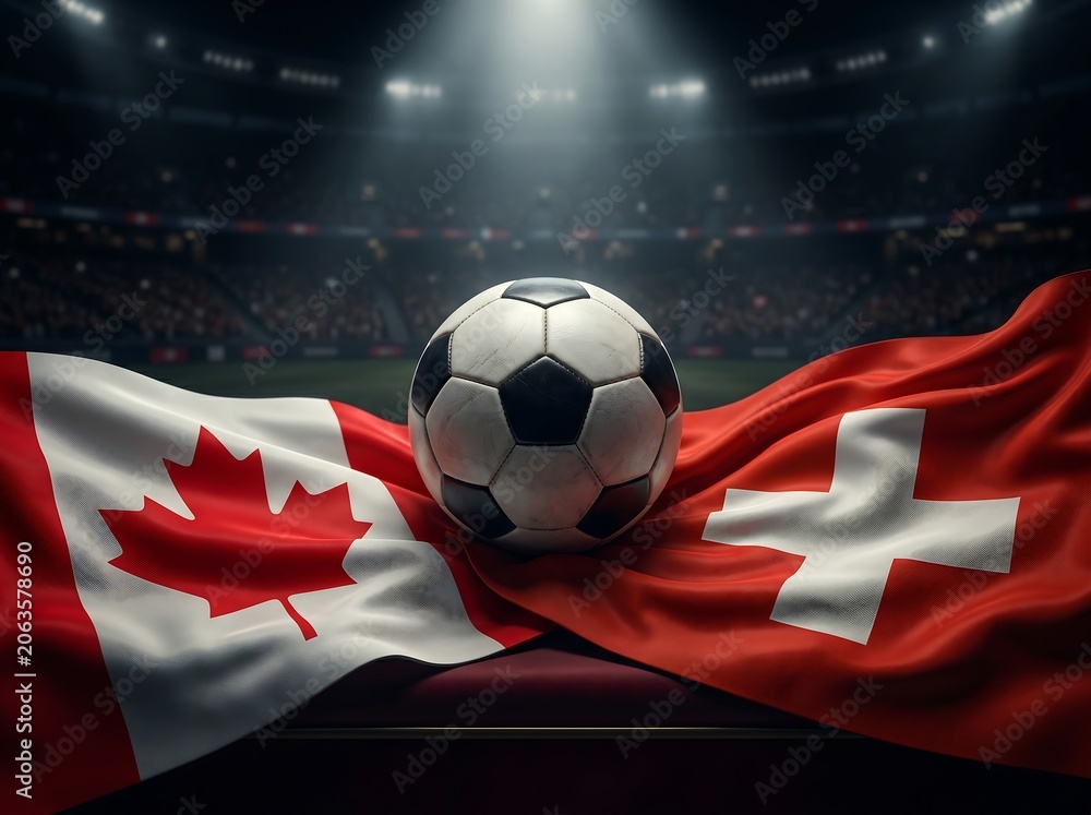 Naklejka premium Canadian and swiss flags with a soccer ball in a stadium