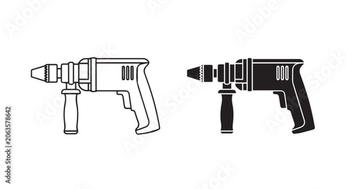 Electric Drill Icon Set Outline and Solid Flat Vector Design Symbol