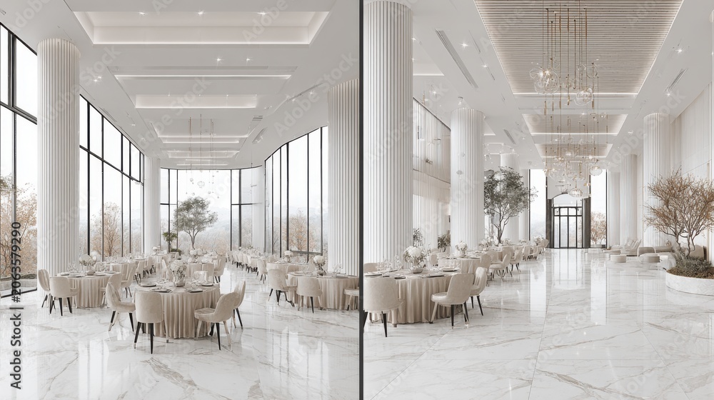 Naklejka premium Elegant Ballroom & Event Space with Modern Decor and Natural Light