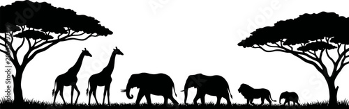 Canvas Print Silhouette of giraffes elephants and lion walking under trees in savannah landsc