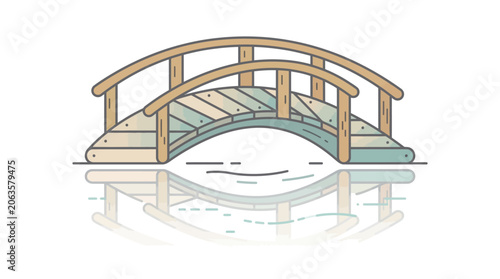 Wooden bridge illustration over water with reflection on white background