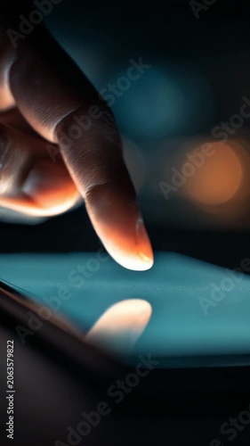 Close-up of a finger touching a glowing digital surface