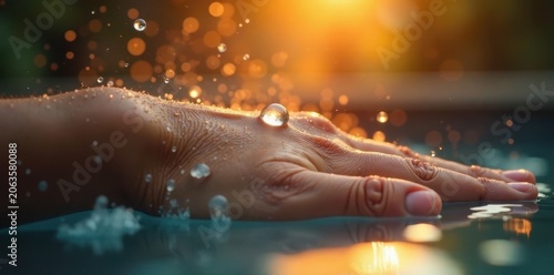 Water droplets fall gently on skin as steam rises in a warm shower setting, bathroom, mist, steam